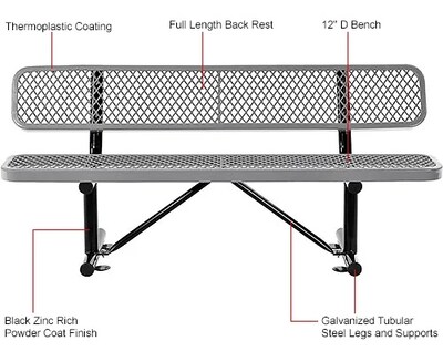 Global Industrial 6' Outdoor Steel Bench w/ Backrest, Expanded Metal, Gray (277154GY)