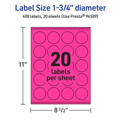 Avery Laser/Inkjet Round Multipurpose Labels, 1.75" Dia., Neon Magenta, 400/Pack (94509)