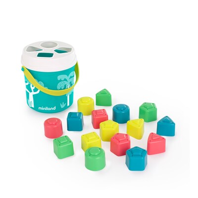MINILAND Feel to Learn: Shape Sorting Bucket, Turquoise, 18 Pieces/Set (MLE97341)