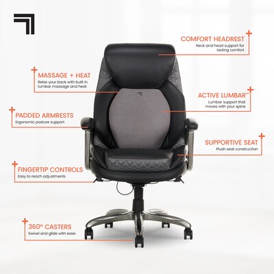 Sharper Image S-600 Active Lumbar Heated Ergonomic Bonded Leather Swivel Executive Massage Chair, Black (60098-BLK)