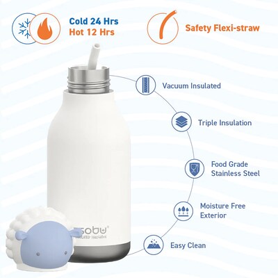 ASOBU Bestie Bottle Sheep Vacuum Insulated Stainless Steel Water Bottle with Reusable Flexi Straw, 16 oz., White (SBV44SH)