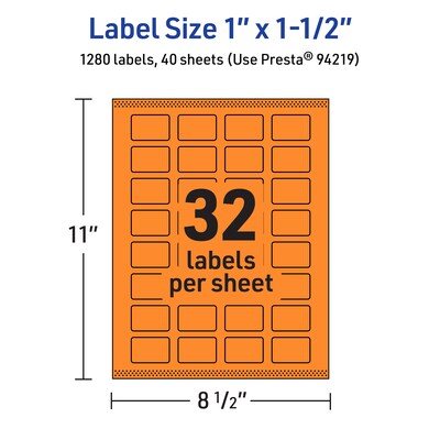 Avery Laser/Inkjet Multipurpose Rectangle Labels, 1" x 1.5", Bright Orange, 1280/Pack (94219)