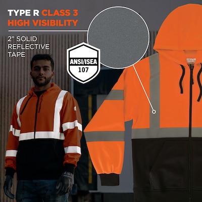GloWear 8312BK High Visibility Long Sleeve Black Bottom Hooded Zip-Up Sweatshirt, ANSI Type R Class 3, Orange, Large (22944)