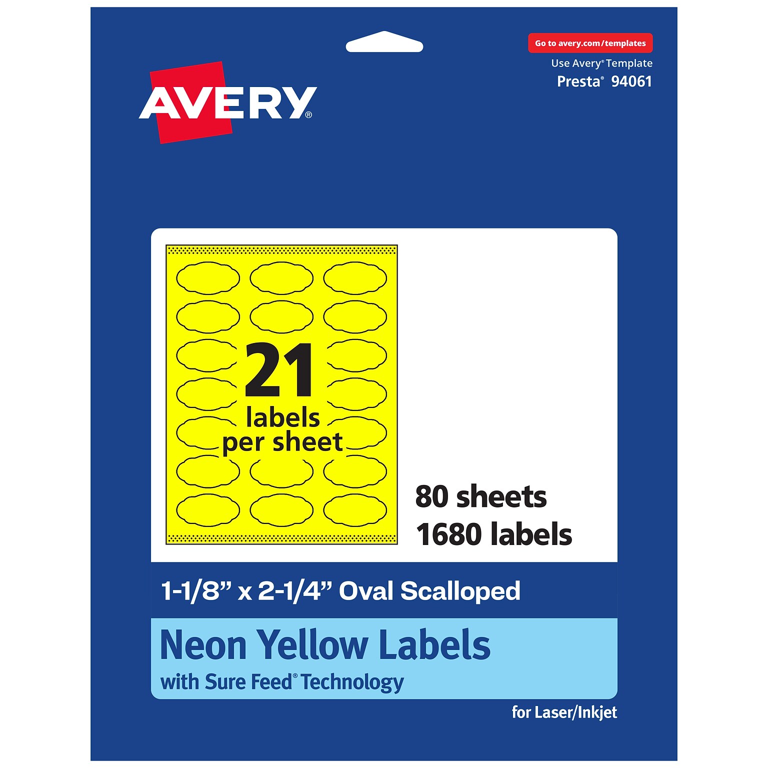 Avery Oval Scalloped Laser/Inkjet Multipurpose Labels, 1-1/8 x 2-1/4, Neon Yellow (1680/Box)