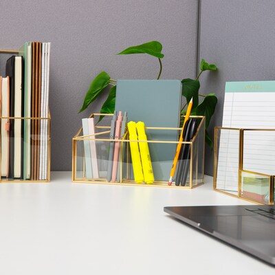 Mind Reader 4-Compartment Glass Desktop Organizer, Gold (3GORG-GLD)