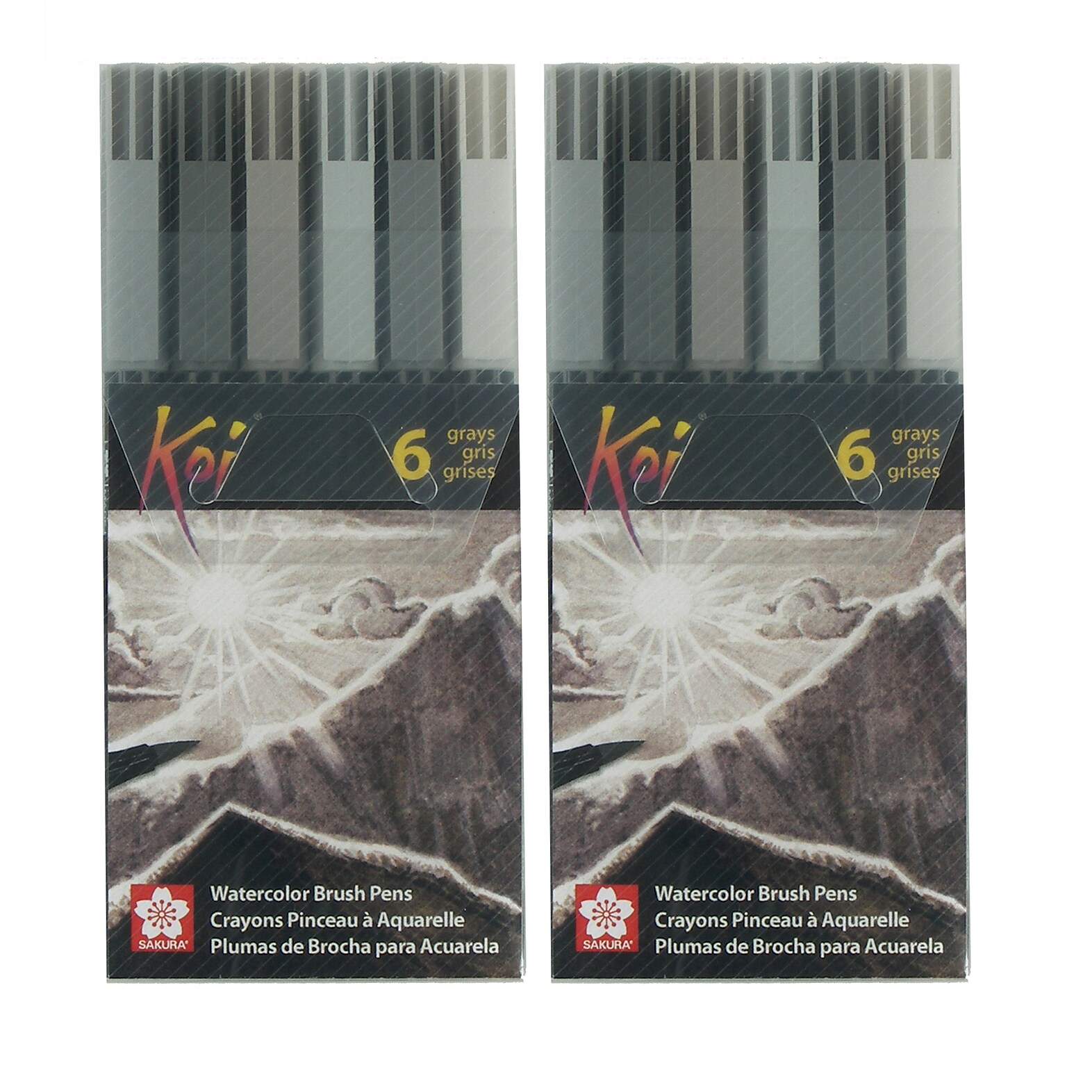 Sakura Koi Watercolor Brush Pens, Assorted Grays, 6 Per Set, 2 Sets (SAKXBR6SA-2)