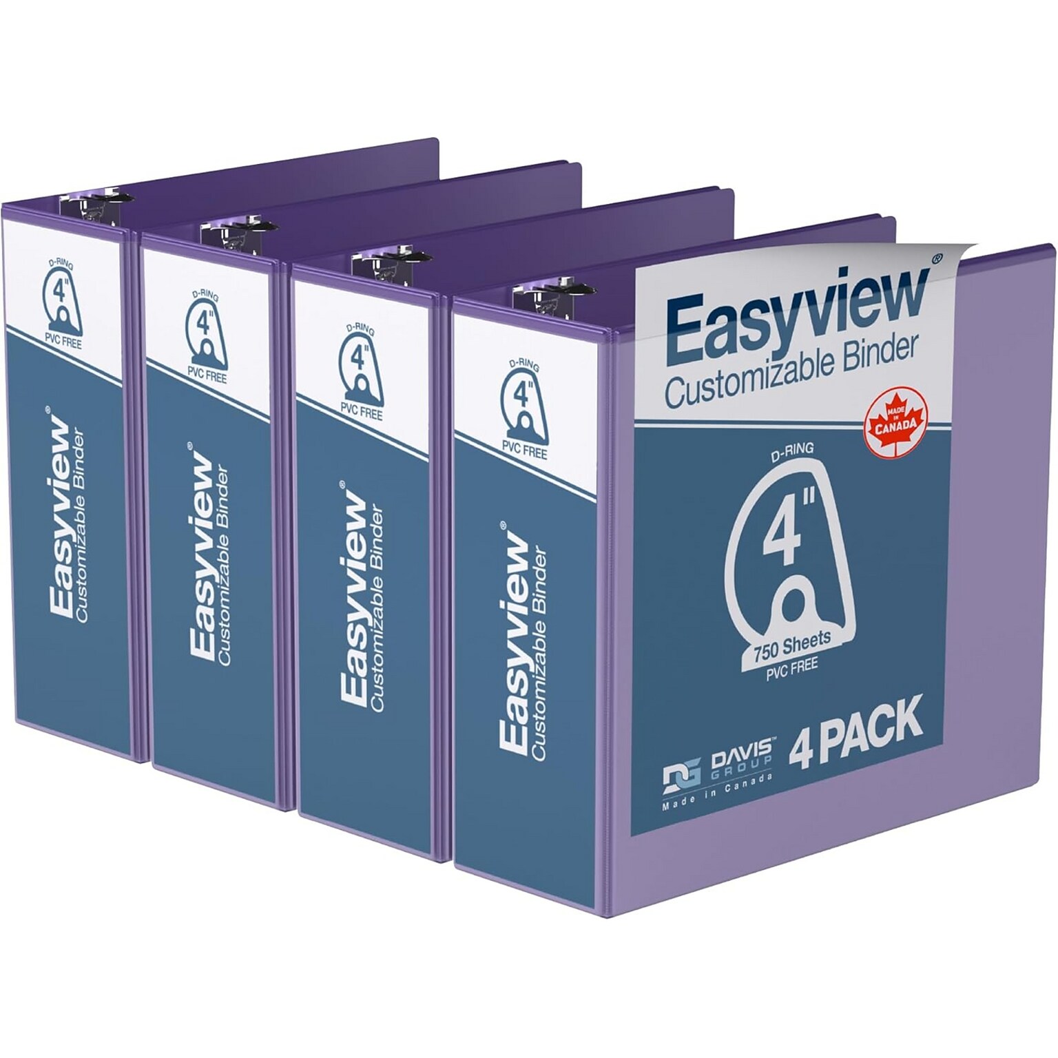 Davis Group Easyview Premium 4 Angle D Ring, Customizable, View Binder, Purple, 4/Pack (8406-69)