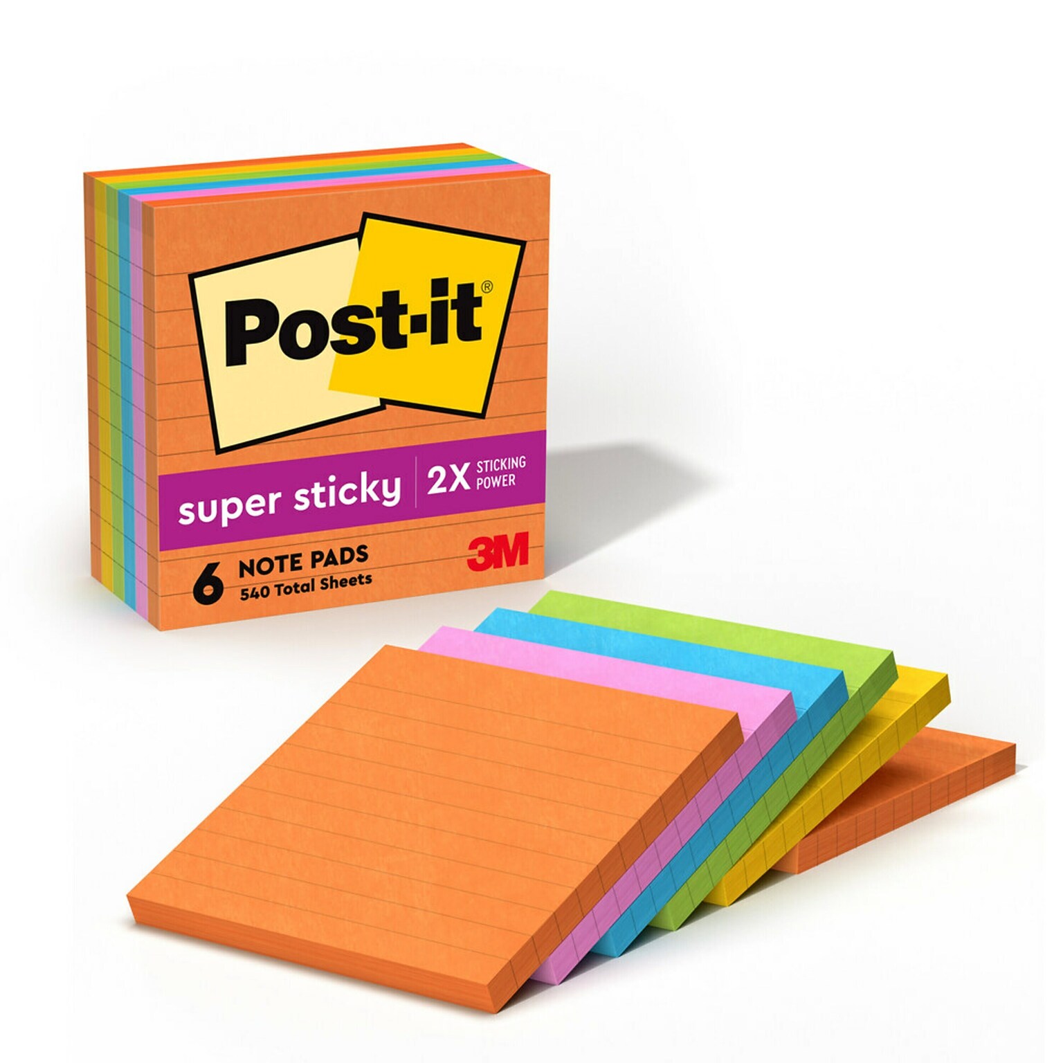 Post-it Super Sticky Notes, 4 x 4, Energy Boost Collection, Lined, 90 Sheet/Pad, 6 Pads/Pack (6756SSUC)