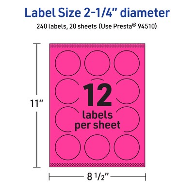 Avery Laser/Inkjet Round Multipurpose Labels, 2.25" Dia., Neon Magenta, 240/Pack (94510)