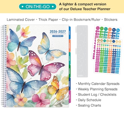2026-2027 Excello Brands 8.5 x 11 Academic Weekly & Monthly Teacher Planner, Watercolor Butterflies (TP-AY26-0033)
