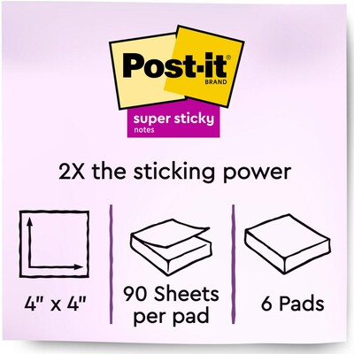 Post-it Super Sticky Notes, 4 x 4, Canary Yellow, Lined, 90 Sheets/Pad, 6 Pads/Pack (675-6SSCY)