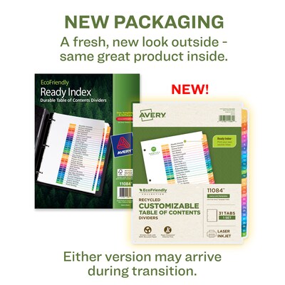 Avery Ready Index Table of Contents EcoFriendly Paper Dividers, 1-31 Tabs, Multicolor (11084)