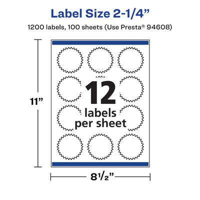Avery Laser/Inkjet Starburst Waterproof Multipurpose Labels, 2.25" Dia, White, 1200/Box (94608)