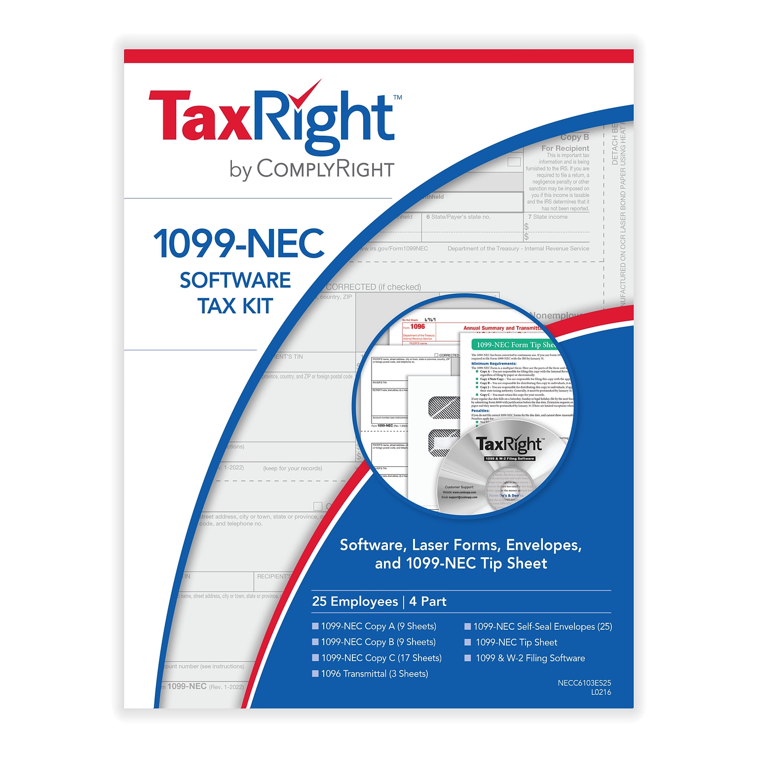ComplyRight TaxRight 2023 1099-NEC Tax Form Kit with eFile Software & Envelopes, 4-Part, 25/Pack (NECSC6103ES25)