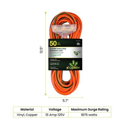 GoGreen Power 50 Indoor/Outdoor Extension Cord, 3-Outlet, 14 AWG, Orange (GG-15150)