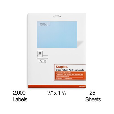Staples® Laser/Inkjet Address Labels, 1/2" x 1 3/4", Clear, 80 Labels/Sheet, 25 Sheets/Pack, 2000/Box (ST18087/18087)