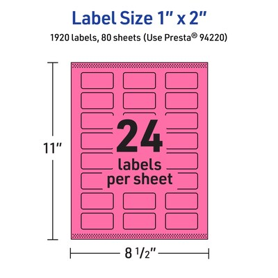 Avery Laser/Inkjet Rectangle Multipurpose Labels, 1" x 2", Bright Pink, 1920/Box (94220)