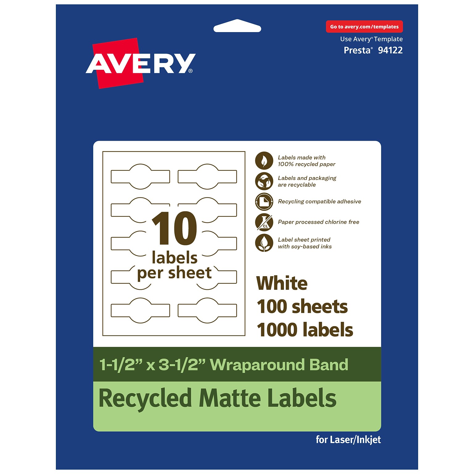 Avery EcoFriendly Laser/Inkjet Decorative Edge Multipurpose Labels, 1-1/2 x 3-1/2, White, 1000/Box (94122)