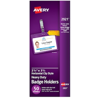 Avery Secure Top Heavy Duty Clip Style Name Badge Holders, 2 1/4 x 3 1/2, Clear Landscape Holders,