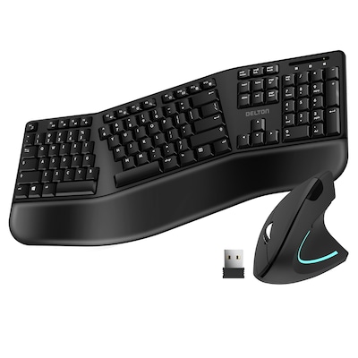 Delton KB200 & S12 Wireless Ergonomic Keyboard and Optical Mouse Combo, Black (DKMKITERG12-WB)