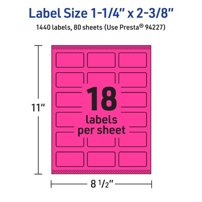 Avery Laser/Inkjet Rectangle Multipurpose Labels, 1-1/4" x 2-3/8", Neon Magenta, 1440/Box (94227)