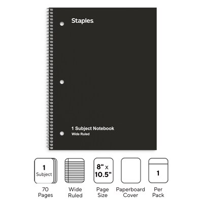 Staples 1-Subject Notebook, 8" x 10.5", Wide Ruled, 70 Sheets, Black (TR24001)