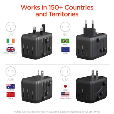 HyperGear WorldCharge Universal Travel Adapter with USB/USB A/USB C Ports, Black (15822)