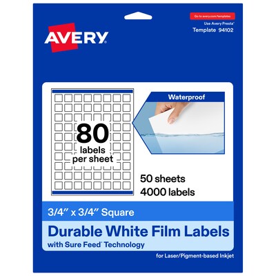 Avery Laser/Inkjet Square Waterproof Multipurpose Labels, 0.75  x 0.75, White, 4000/Box (94102)