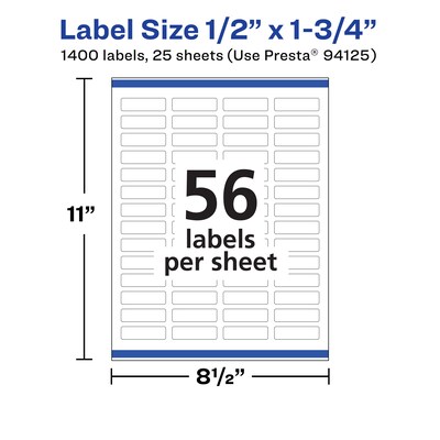 Avery Durable Removable Rectangle Multipurpose Labels, 0.5" x 1.75", White, 1400/Pack (94125)