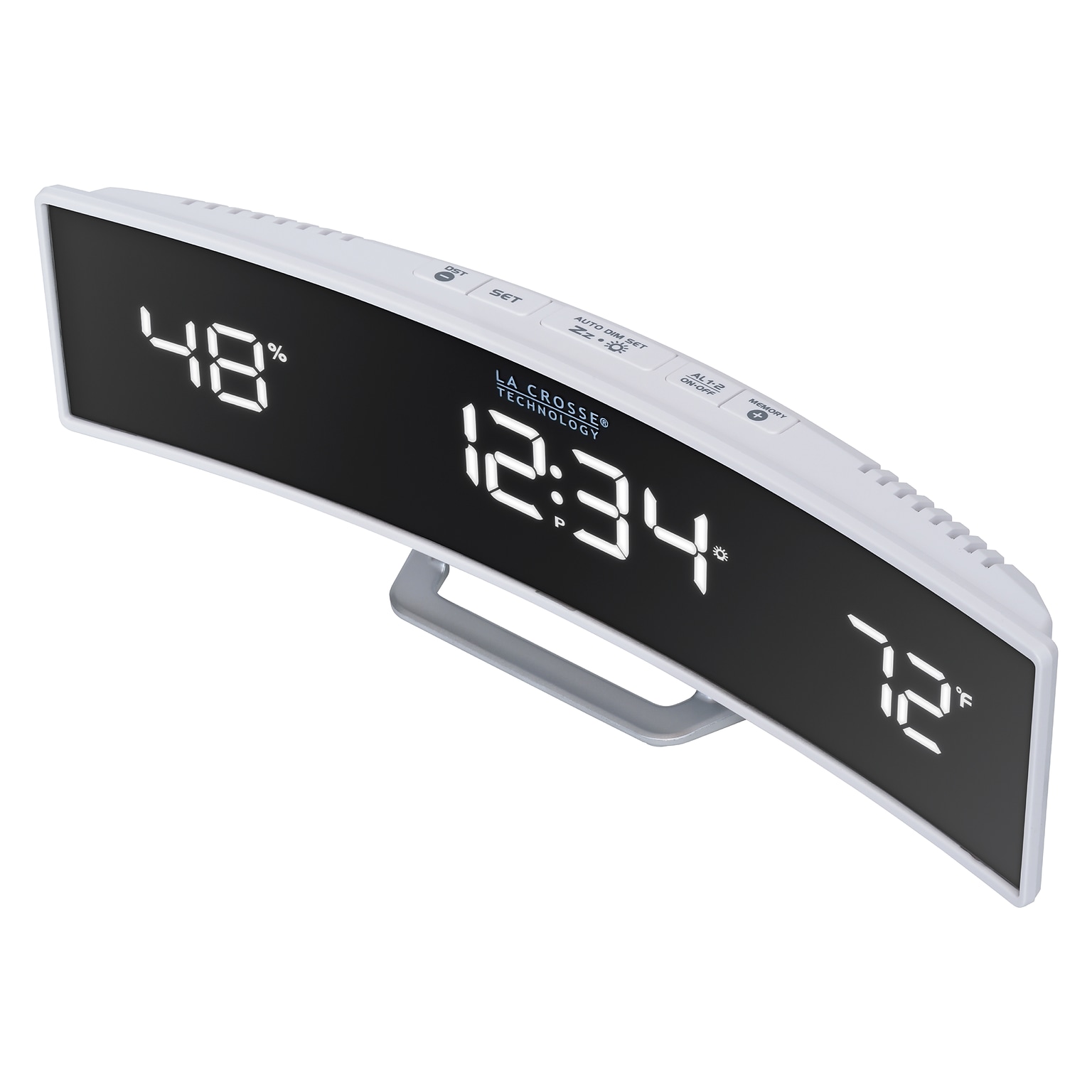 La Crosse Technology White Curved Alarm Clock with Mirrored LED Lens Display (602-247)