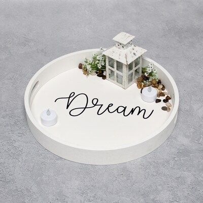Elegant Designs "Dream" Decorative 13.75" Round Wood Serving Tray w/ Handles, White Wash (HG2013-WDR)