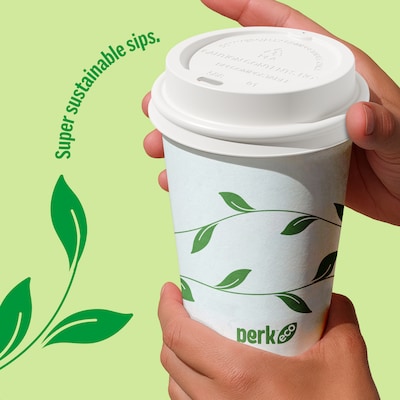 Perk™ Eco Compostable Plastic Hot Cup Lid, 10/12/16 Oz., White, 50/Pack (PK56218)