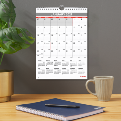 2027 Staples 8" x 11" Monthly Wall Calendar, White/Red/Gray (ST53922-27)