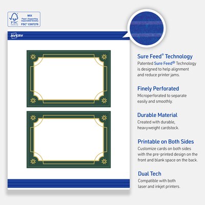 Avery Gold-Green Border Matte Blank Card, White, 20/Pack (S00-FDN)