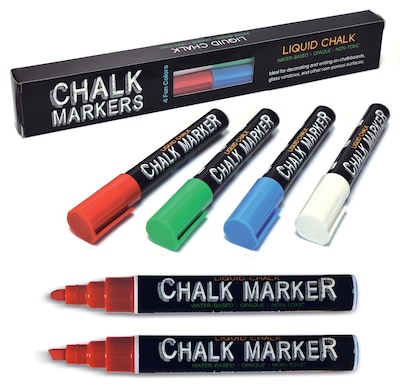 Better Office Products Liquid Washable Chalk Markers, Reversible Tip, Assorted Colors, 4-Pack (00640