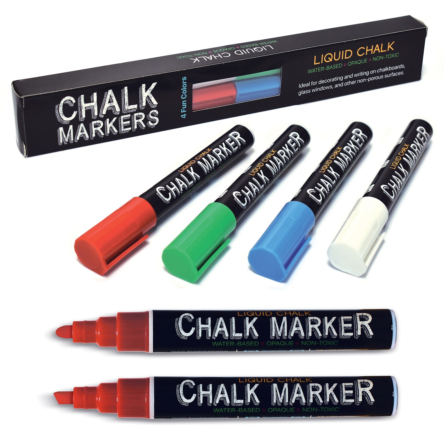 Better Office Products Liquid Washable Chalk Markers, Reversible Tip, Assorted Colors, 4-Pack (00640)