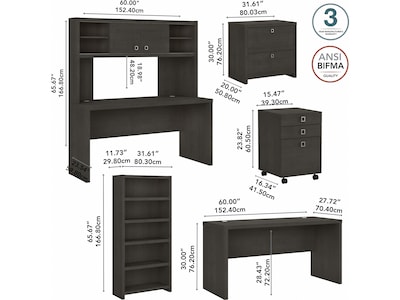 Bush Business Furniture Echo 60"W Bow Front Desk, Credenza with Hutch, Bookcase and File Cabinets, Charcoal Maple (ECH029CM)