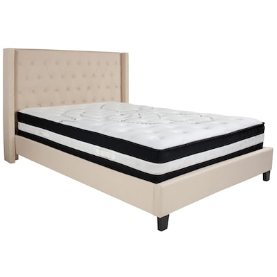 Flash Furniture Riverdale Tufted Upholstered Platform Bed in Beige Fabric with Pocket Spring Mattres