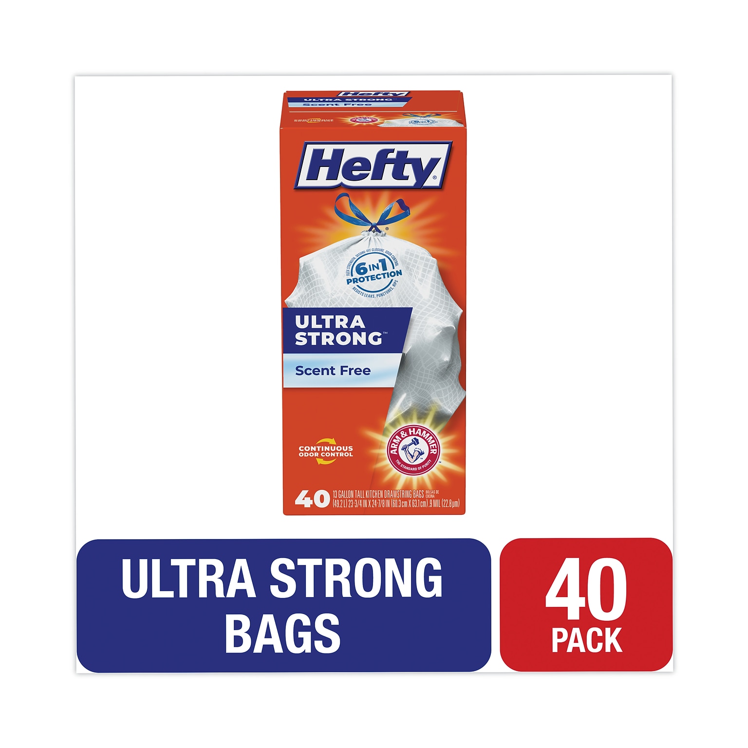 Hefty® Ultra Strong Tall Kitchen and Trash Bags, 13 gal, 0.9 mil, 23.75 x 24.88, White, 40/Box