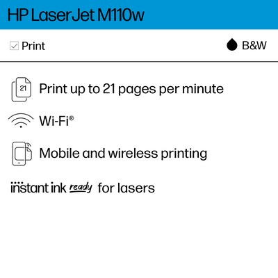 HP LaserJet M110w Wireless Black & White Laser Printer, Perfect for Home Office, Instant Ink eligible (7MD66F)