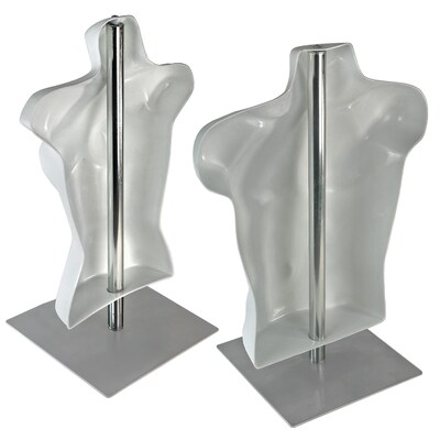 Azar Male & Female White Plastic Bust, Torso Mannequin, 12 Square Metal Base, 2/Pack (900927-WHT)