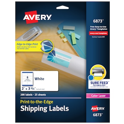 Avery Print-to-the-Edge Color Laser Shipping Labels, 2 x 3-3/4, White, 8 Labels/Sheet, 25 Sheets/P