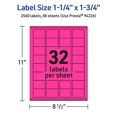 Avery Laser/Inkjet Rectangle Multipurpose Labels, 1.25" x 1.75", Neon Magenta, 2560/Box (94226)