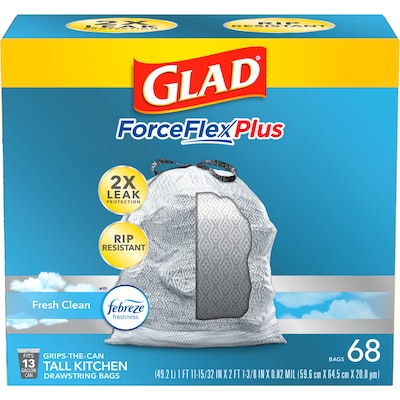 Glad ForceFlex Tall Kitchen Drawstring Trash Bags with Gain Original Scent & Febreze Freshness - White - 13 Gallon - 150 ct