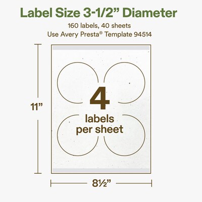 Avery Hemp Round Laser/Inkjet Multipurpose Labels, 3-1/2" Dia, Off-White (160/Box)