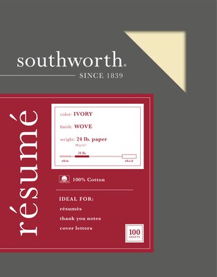 Southworth 8.5 x 11 Resume Paper, 24 lbs., Ivory with Wove Finish, 100 Sheets/Box (R14ICF)