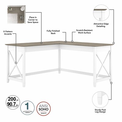 Bush Furniture Key West 60"W L Shaped Desk with 2 Drawer Lateral File Cabinet, Shiplap Gray/Pure White (KWS014G2W)