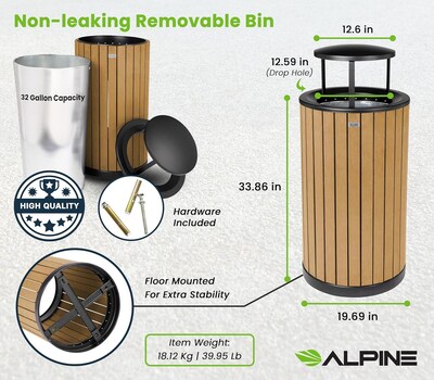 Alpine Industries Steel Outdoor Trash Can with Rain Bonnet Lid, 32 Gallon, Cedar (ALP4400-01-CD-RB)