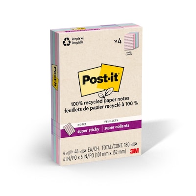 Post-it Recycled Super Sticky Notes, 4 x 6, Wanderlust Pastels Collection, 45 Sheets/Pad, 4 Pads/P