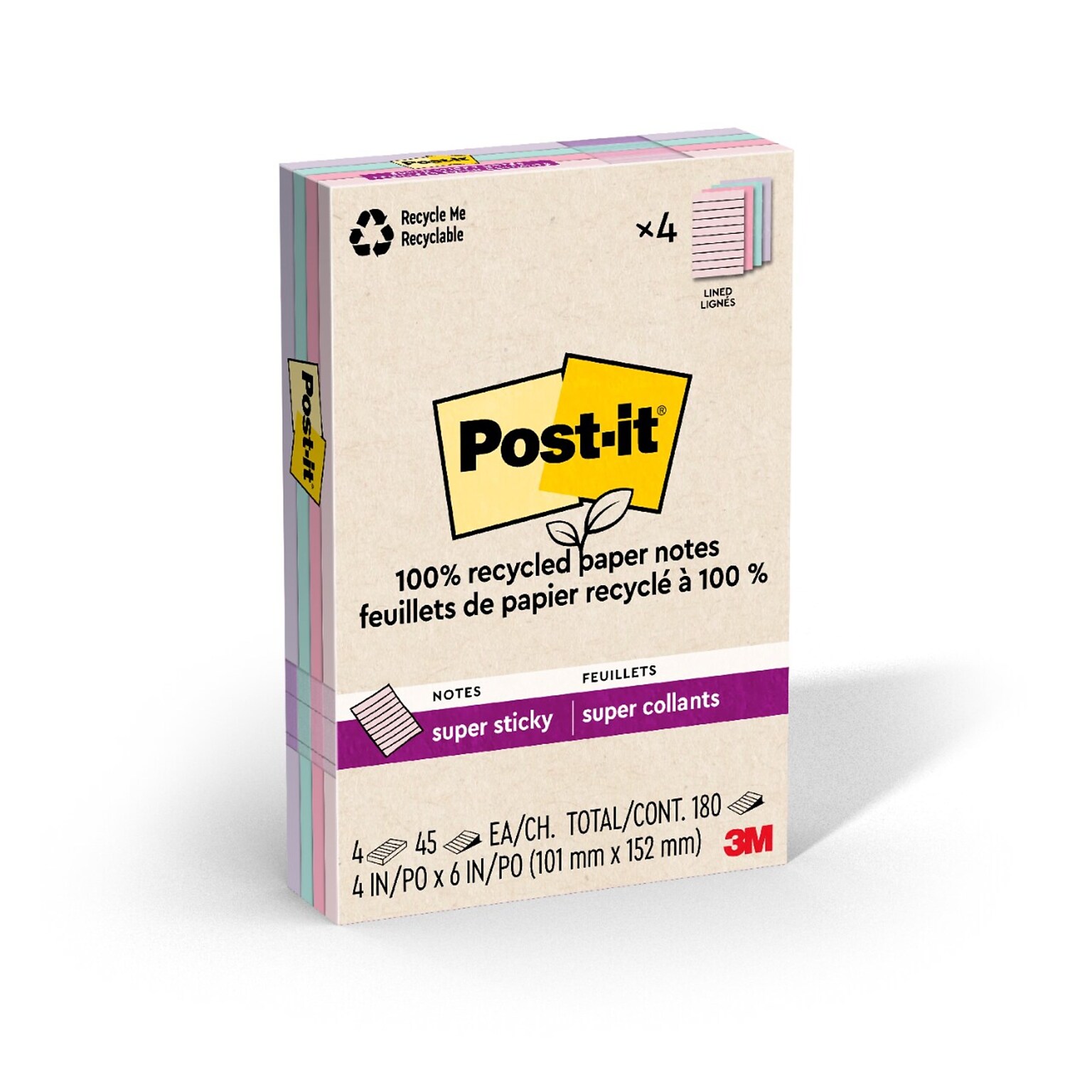 Post-it Recycled Super Sticky Notes, 4 x 6, Wanderlust Pastels Collection, 45 Sheets/Pad, 4 Pads/Pack (4621R-4SSNRP)